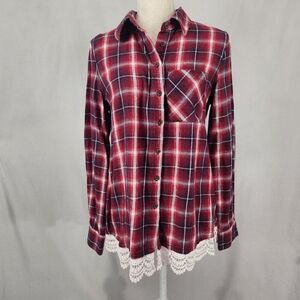 Shyanne Shirt Womens Small Red Plaid Flannel Western Long Sleeve Lace Trim